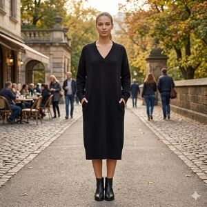 Kit & Ace Women's Black Merino Wool Midi Knit Sweater Dress Size Large